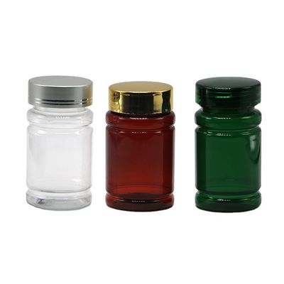 Botelha de 80 ml de pílulas PET com cor personalizada e tampa de revestimento de prata dourada