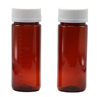 Garrafa de PET marrom de 150 ml para suplementos de plástico líquido e tampas de segurança para crianças