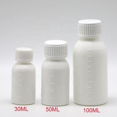 Botão de medicamento líquido branco de 30 ml/50 ml/100 ml PP com corpo em escala e impressão em tela