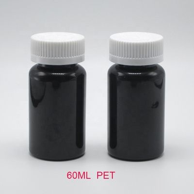 2OZ 60ML PET Ambar Botão de Plástico Negro com Cobertura CRC para Embalagem de Suplemento Medicamentoso