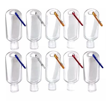 Container de lavagem de mãos PET de 50 mL transparente, portátil, recarregável e vazio, frasco de viagem com gancho