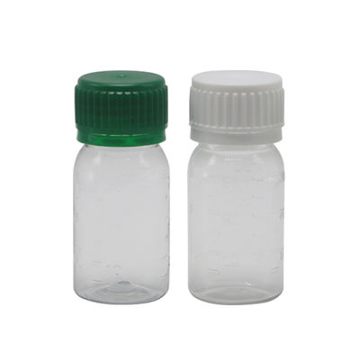 Botelha de 30 ml de medicamento líquido oral PET branco com tampa de segurança e impressão em tela