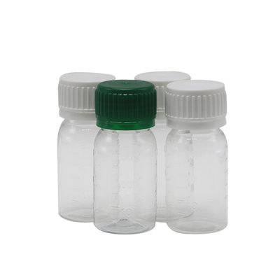 Botelha de 30 ml de medicamento líquido oral PET branco com tampa de segurança e impressão em tela
