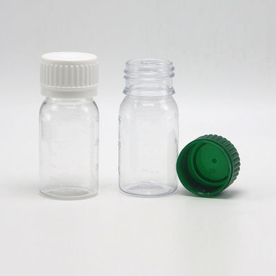 Botelha de 30 ml de medicamento líquido oral PET branco com tampa de segurança e impressão em tela