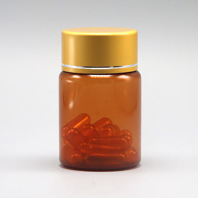 Recheio de 60 ml de pílula PET Amber cápsula frasco de óleo de peixe com tampa de parafuso de alumínio prateado