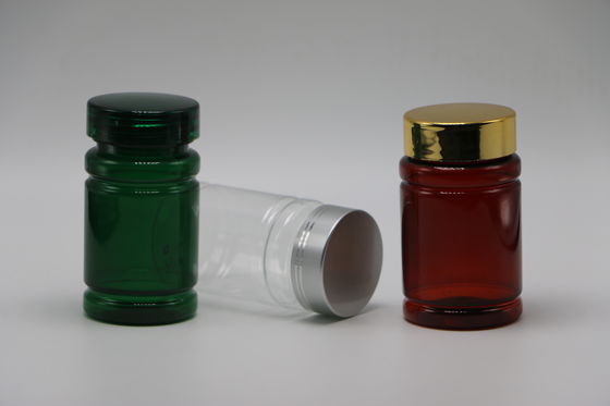 Botelha de 80 ml de pílulas PET com cor personalizada e tampa de revestimento de prata dourada
